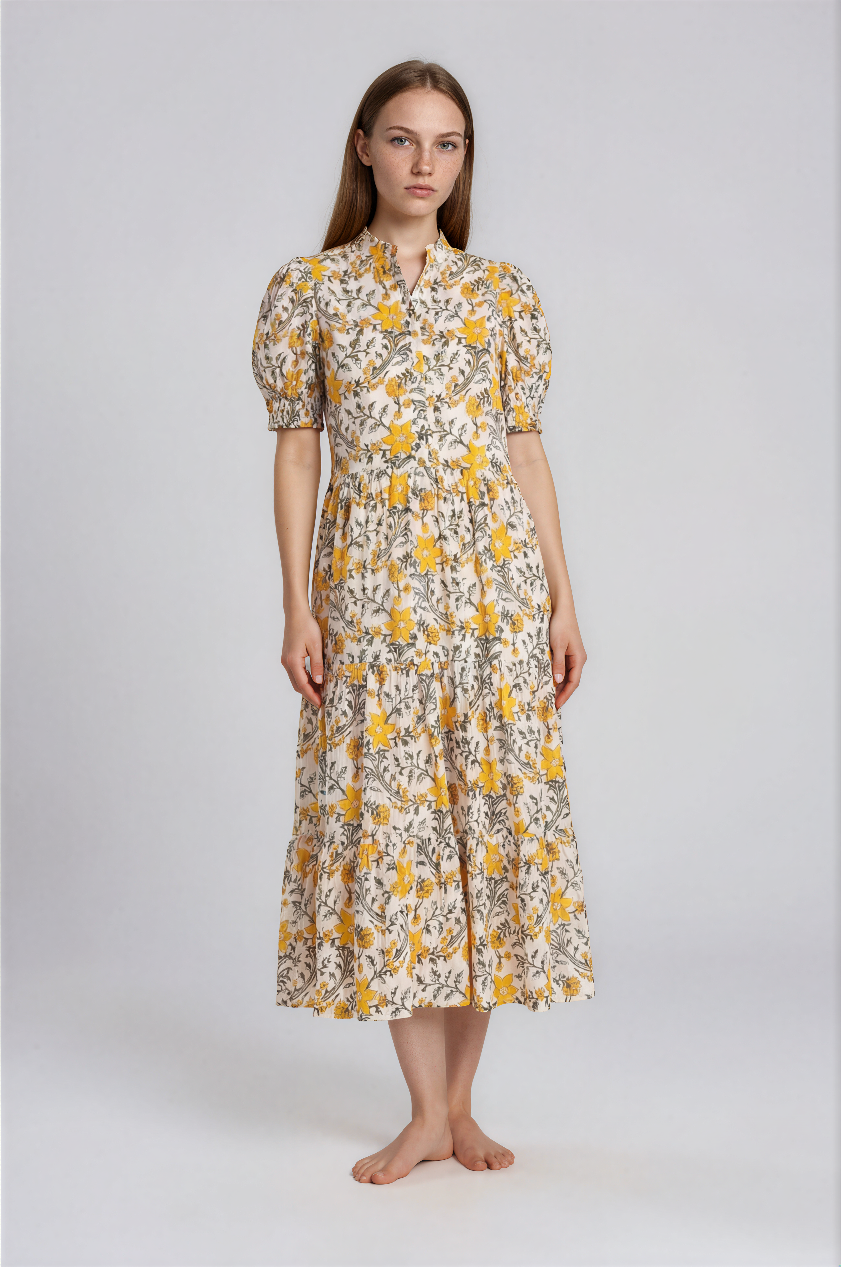 CHARLESTON women's puff shoulder Yellow floral midi dress XS / Yellow / Cotton