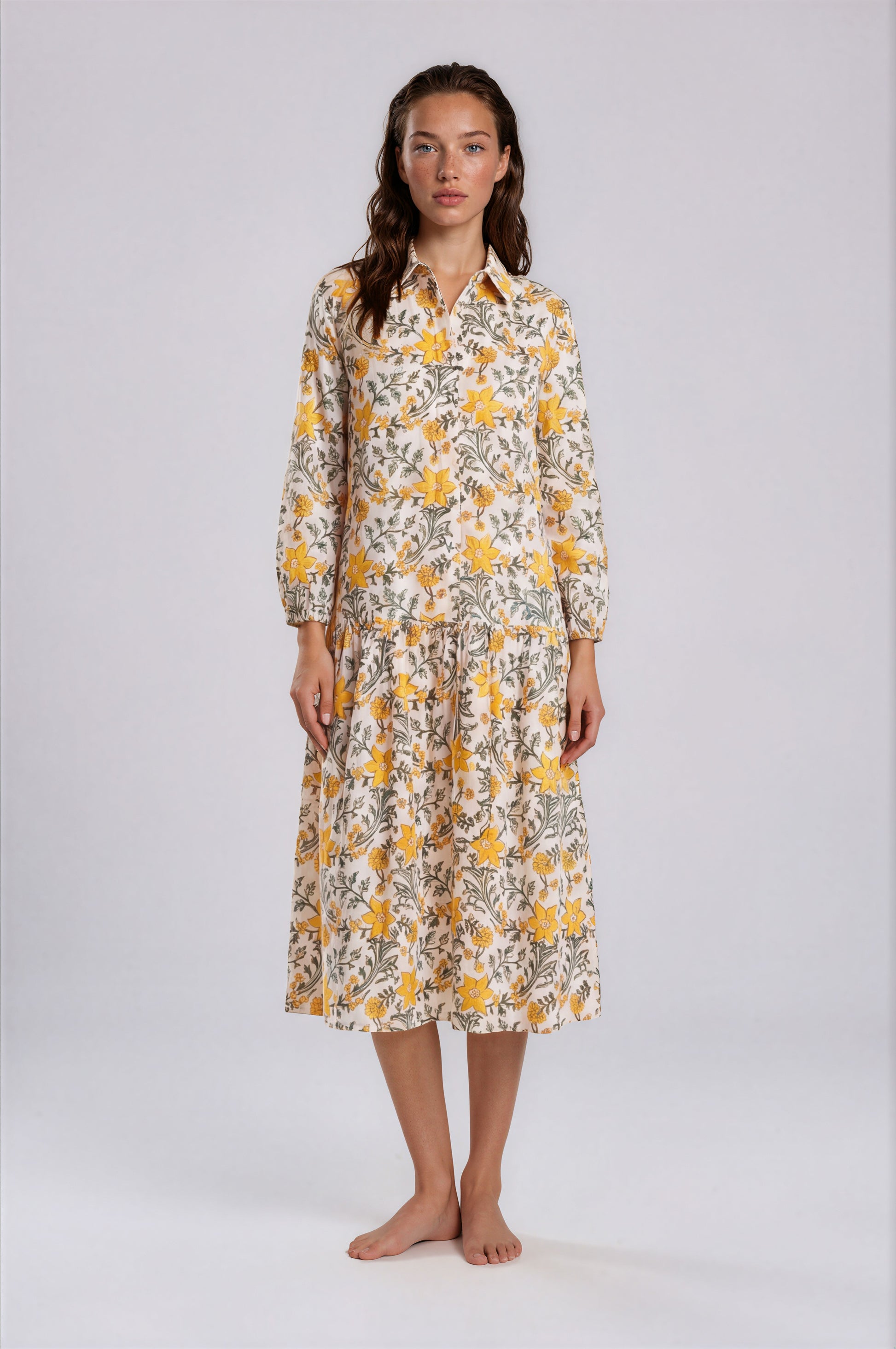 SENECA Women's Yellow Green Floral Midi Dress