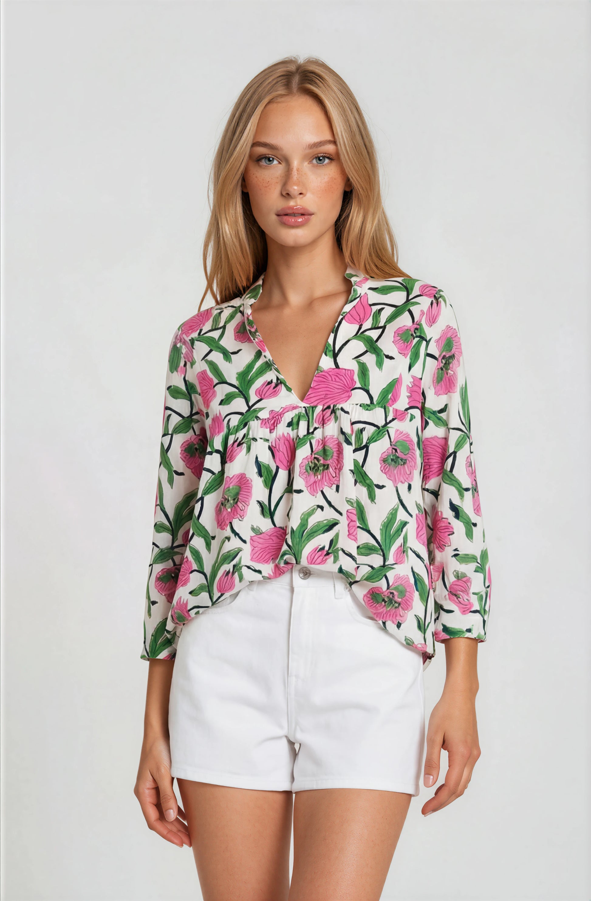 PINECREST women's floral pink green long sleeve blouse