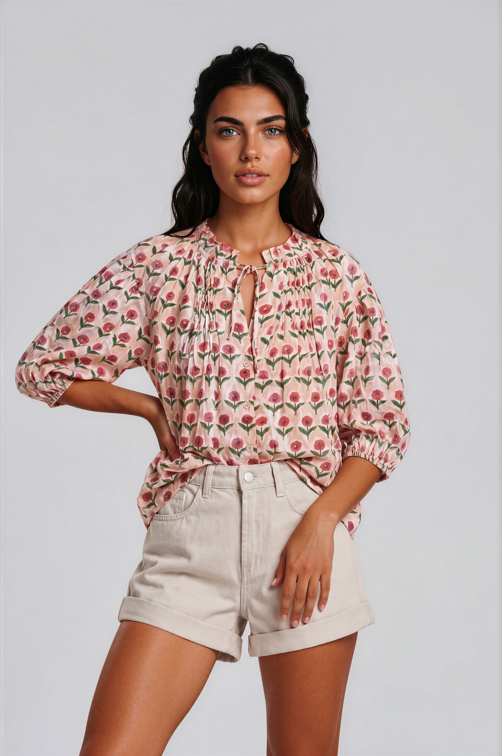 Inlet women's short sleeve pink green block floral top