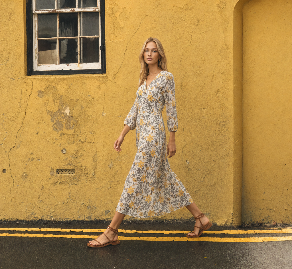 A woman wearing a long-sleeved midi dress with a yellow and blue floral pattern walks along a street next to a textured yellow wall.