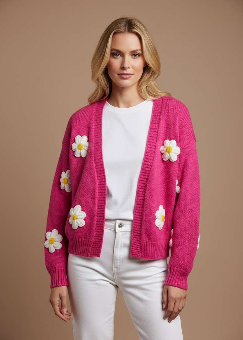 Woman wearing a pink cardigan with floral patterns on a beige background
