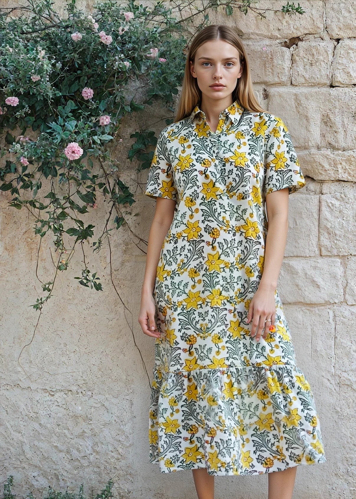 Woman wearing a floral dress standing against a stone wall with plants.