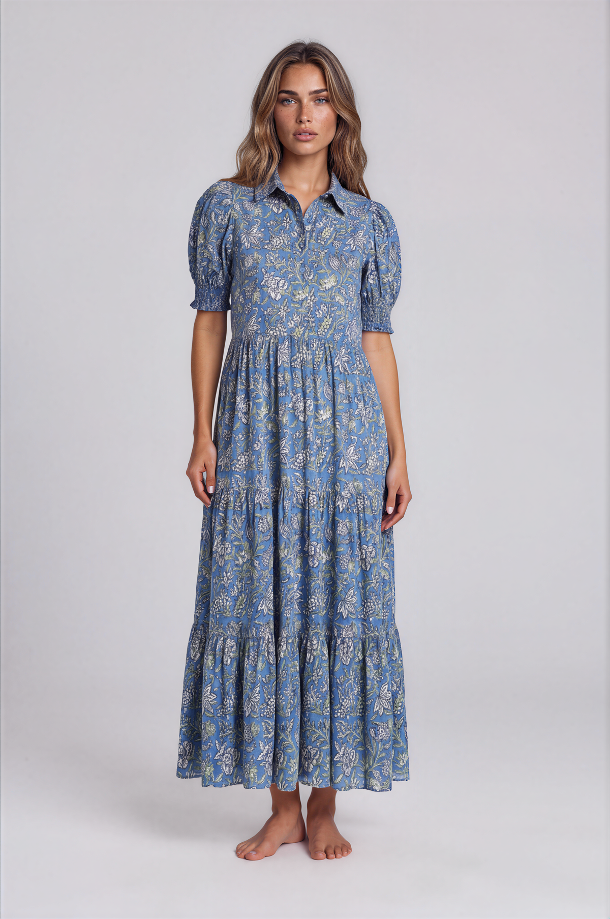 CHARLESTON women's blue green puff shoulder MIDI dress