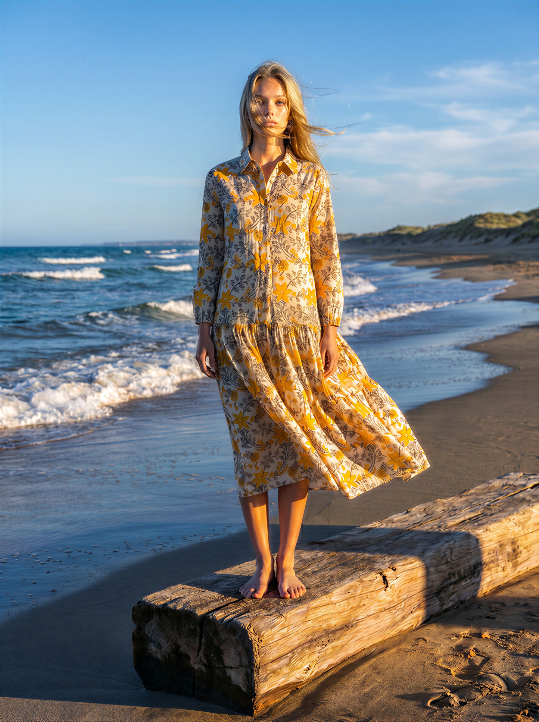 A woman stands barefoot on a large driftwood log on a sandy beach, wearing a long-sleeve button-up midi dress with a yellow and white floral pattern. The background features the ocean waves, blue sky, and dunes under warm golden hour sunlight.